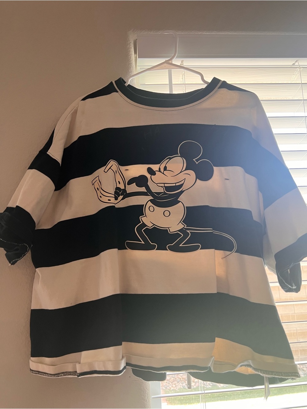 Women’s Oversized Mickey Mouse Black & White Striped Tee